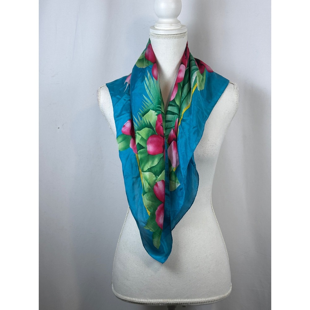 Vintage Tropical Hibiscus Floral Silk Square Scarf Teal Blue Pink Green 30x30